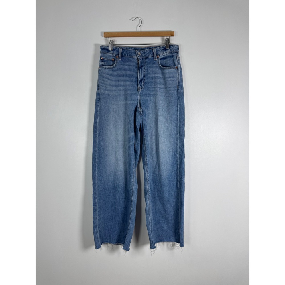 90s Boho American Eagle Womens 6 Super High Rise Baggy Wide Leg Jeans Raw Hem - Picture 1 of 11